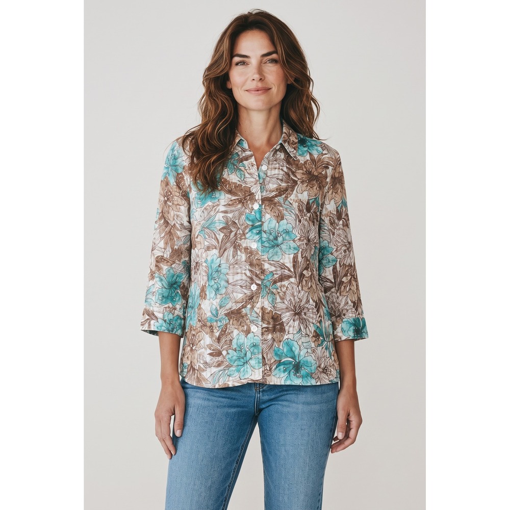 Alfred Dunner Womens 14 Floral Button Down Shirt Turquoise Brown 3/4 Sleeve Top
